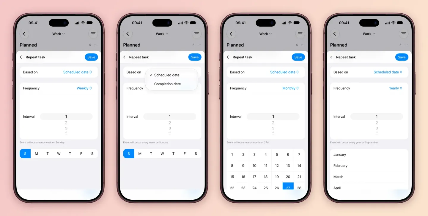 Four iPhone screens of Repeat task: Weekly with Based on set to Scheduled date, Interval 1, Sunday selected and the note Event will occur every week on Sunday; the Based on menu offering Scheduled date and Completion date; Monthly with the 27th selected in a grid of dates; and Yearly with a list of months starting at January.