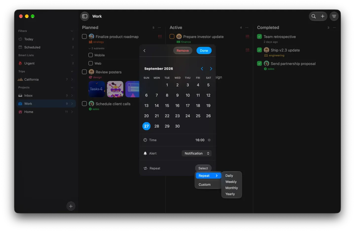 The Mac date panel over the Work board with September 27 selected, Time at 16:00 and Alert set to Notification, and the Repeat menu open with a Repeat submenu listing Daily, Weekly, Monthly and Yearly, and Custom below.