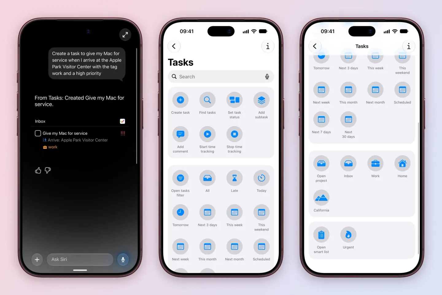 Three iPhone screens: Siri answering From Tasks: Created Give my Mac for service, with the task in Inbox, a high priority, the location Arrive: Apple Park Visitor Center and the work tag; the Tasks page in the Shortcuts app with Create task, Find tasks, Set task status, Add subtask, Add comment, Start time tracking and Stop time tracking, then Open tasks filter, All, Late, Today, Tomorrow and more date filters; and the same page scrolled to Open project with Inbox, Work, Home and California, and Open smart list with Urgent.