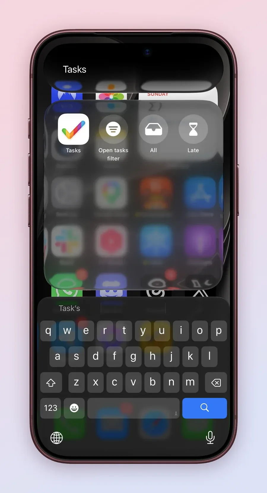 An iPhone showing Spotlight search for Tasks, with the Tasks app followed by the Open tasks filter, All and Late actions.