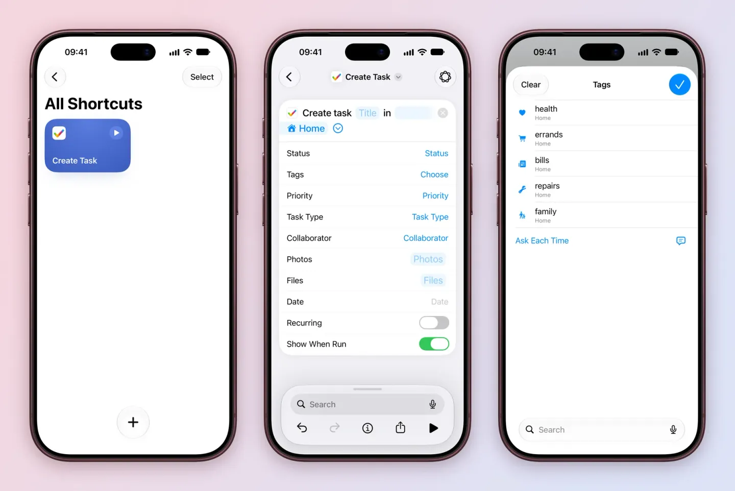 Three iPhone screens: All Shortcuts with a Create Task shortcut; the Create task action reading Create task Title in Home, with Status, Tags, Priority, Task Type, Collaborator, Photos, Files, Date, Recurring and Show When Run; and the Tags list for Home with health, errands, bills, repairs and family, and Ask Each Time.