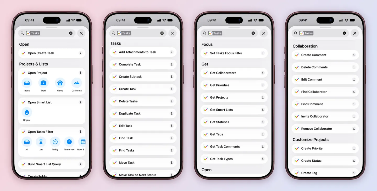 Four iPhone screens of the Tasks actions in the Shortcuts action list: Open Create Task, then Projects and Lists with Open Project for Inbox, Work, Home and California, Open Smart List for Urgent, Open Tasks Filter and Build Smart List Query; the Tasks group from Add Attachments to Task, Complete Task and Create Subtask to Find Tasks, Move Task and Move Task to Next Status; Focus with Set Tasks Focus Filter and Get actions for collaborators, priorities, projects, Smart Lists, statuses, tags, task comments and task types; and Collaboration with Create, Delete, Edit and Find Comment, Find, Invite and Remove Collaborator, then Customize Projects with Create Priority, Create Status and Create Tag.