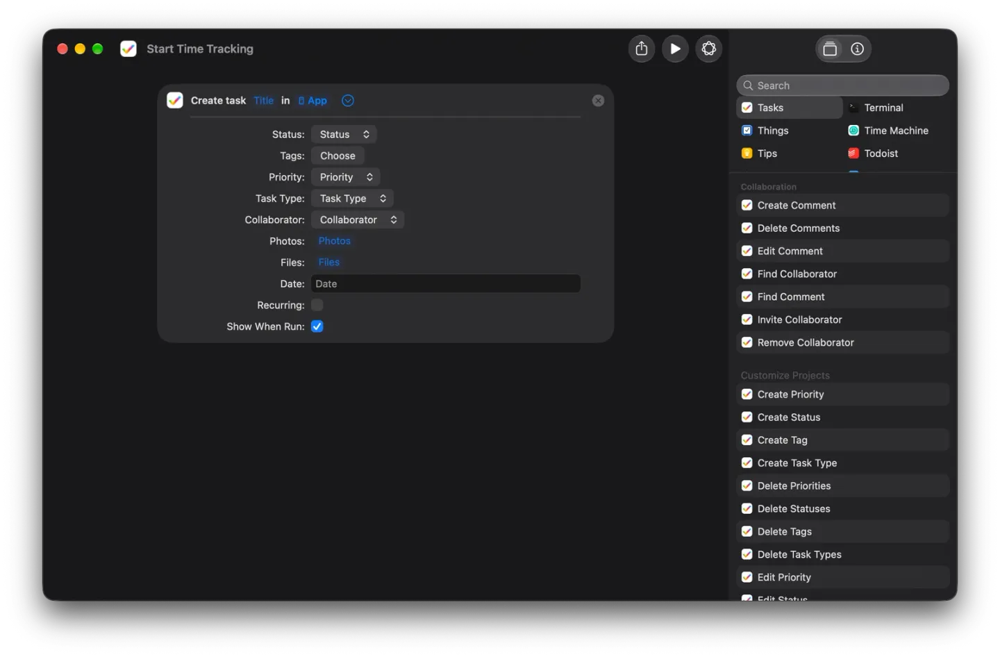 The Shortcuts app on Mac in dark mode with a Create task action showing Status, Tags, Priority, Task Type, Collaborator, Photos, Files, Date, Recurring and Show When Run, and Tasks selected in the sidebar with the Collaboration and Customize Projects actions listed.