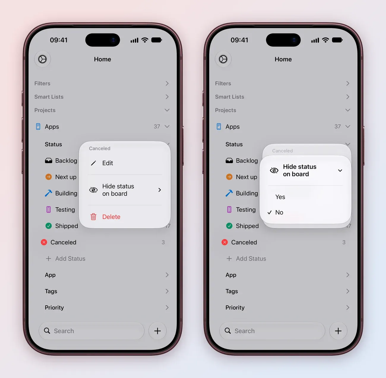 Two iPhone Home screens with Apps expanded to Status, listing Backlog, Next up, Building, Testing, Shipped and Canceled with 3 tasks: the menu for Canceled with Edit, Hide status on board and Delete; and Hide status on board open, offering Yes and No, with No ticked.