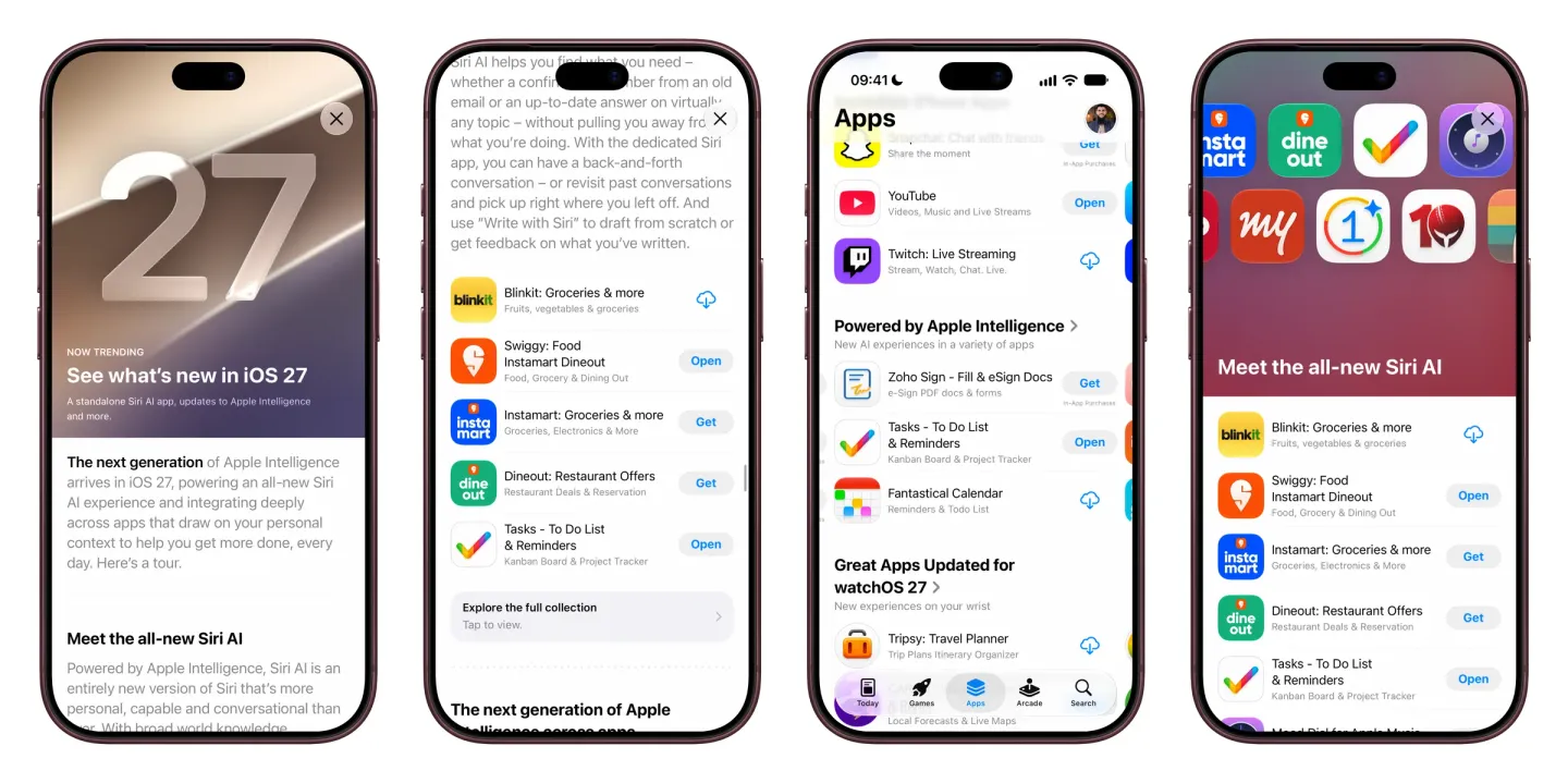 Four iPhone screens from the App Store: the Now Trending story See what's new in iOS 27; the story's list of apps under the Siri section, with Tasks - To Do List and Reminders and an Open button; the Apps tab with Tasks in the Powered by Apple Intelligence collection; and the Meet the all-new Siri AI page listing Tasks alongside other apps.