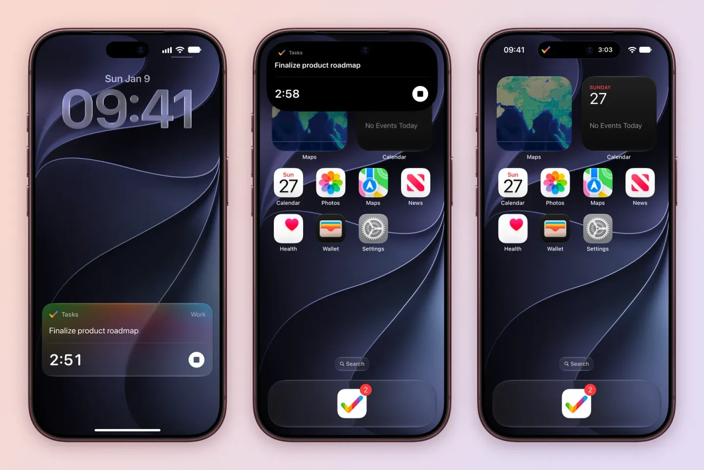 Three iPhone screens: the Lock Screen with a Tasks Live Activity for Finalize product roadmap in Work at 2:51 with a stop button; the expanded Dynamic Island over the Home Screen showing Finalize product roadmap at 2:58 with a stop button; and the compact Dynamic Island showing the Tasks icon and 3:03.