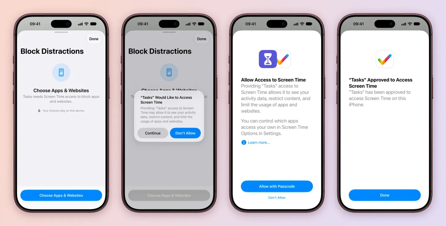 Four iPhone screens: Block Distractions explaining that Tasks needs Screen Time access to block apps and websites, with a Choose Apps and Websites button; the alert asking to let Tasks access Screen Time, with Continue and Don't Allow; Allow Access to Screen Time with Allow with Passcode; and the confirmation that Tasks has been approved to access Screen Time on this iPhone, with Done.