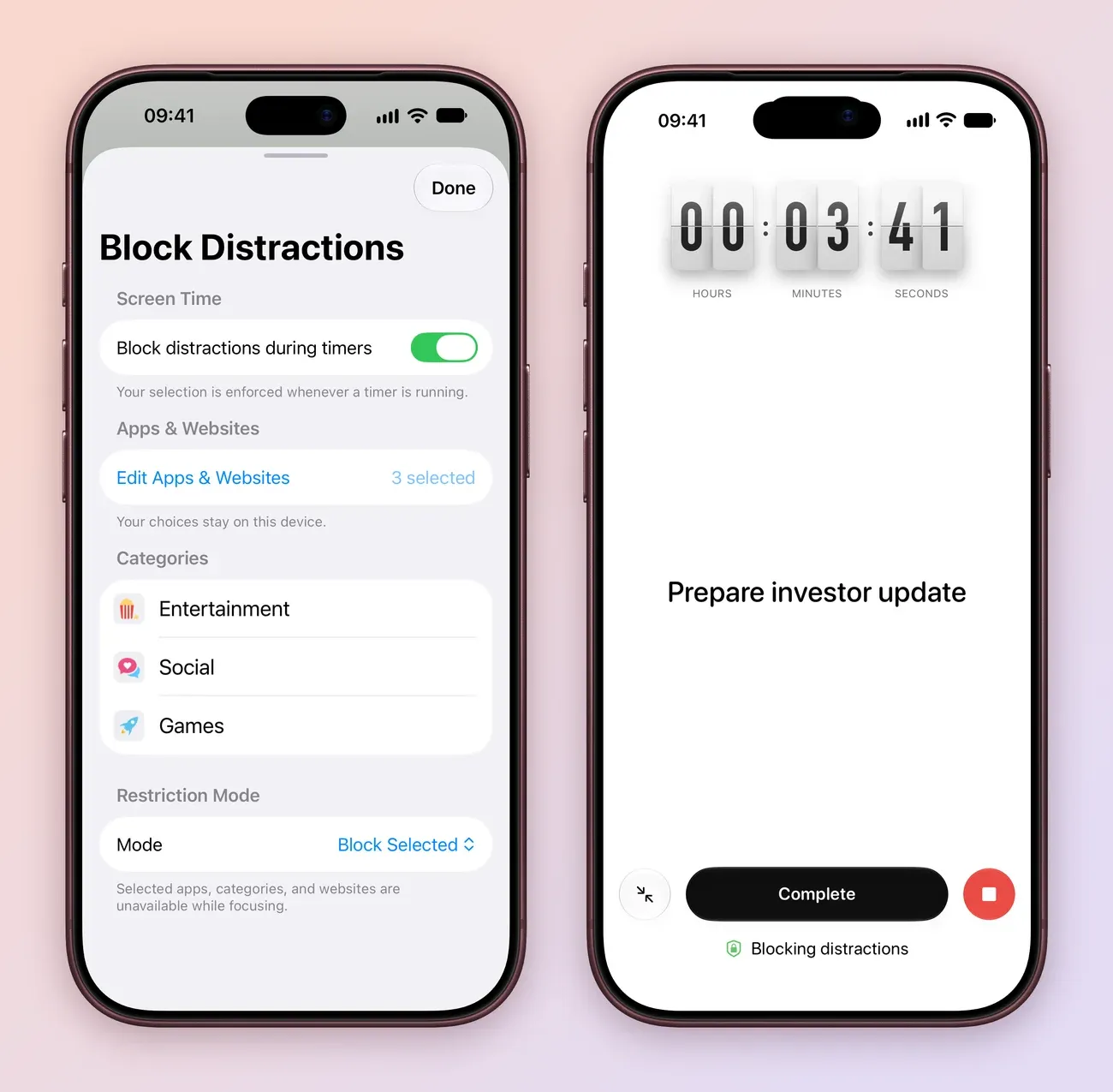 Two iPhone screens: Block Distractions with Block distractions during timers turned on, 3 selected under Apps and Websites, the Entertainment, Social and Games categories and Mode set to Block Selected; and the focus timer for Prepare investor update at 3 minutes 41 seconds showing Blocking distractions with a green shield.