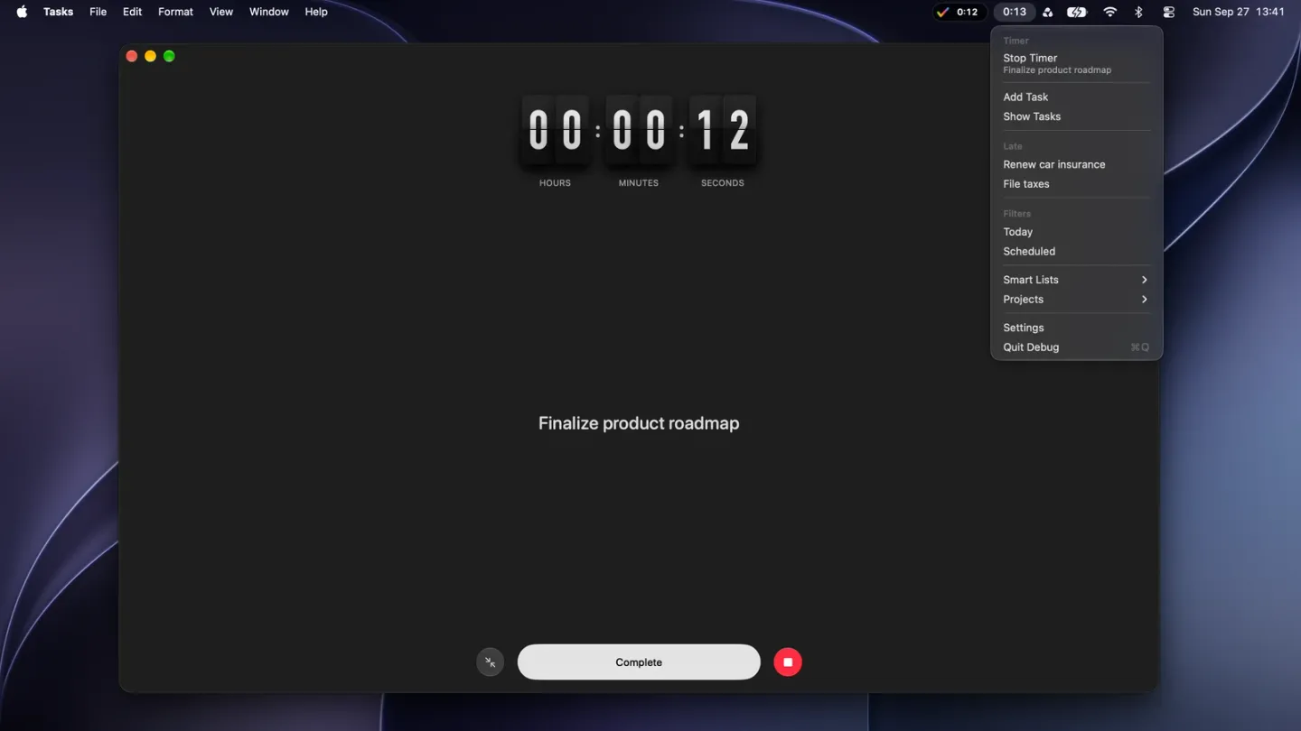 The Mac desktop with the focus timer for Finalize product roadmap at 12 seconds and the Tasks menu bar item showing 0:13, its menu open on Stop Timer for Finalize product roadmap, Add Task, Show Tasks, the late tasks Renew car insurance and File taxes, Today, Scheduled, Smart Lists, Projects and Settings.