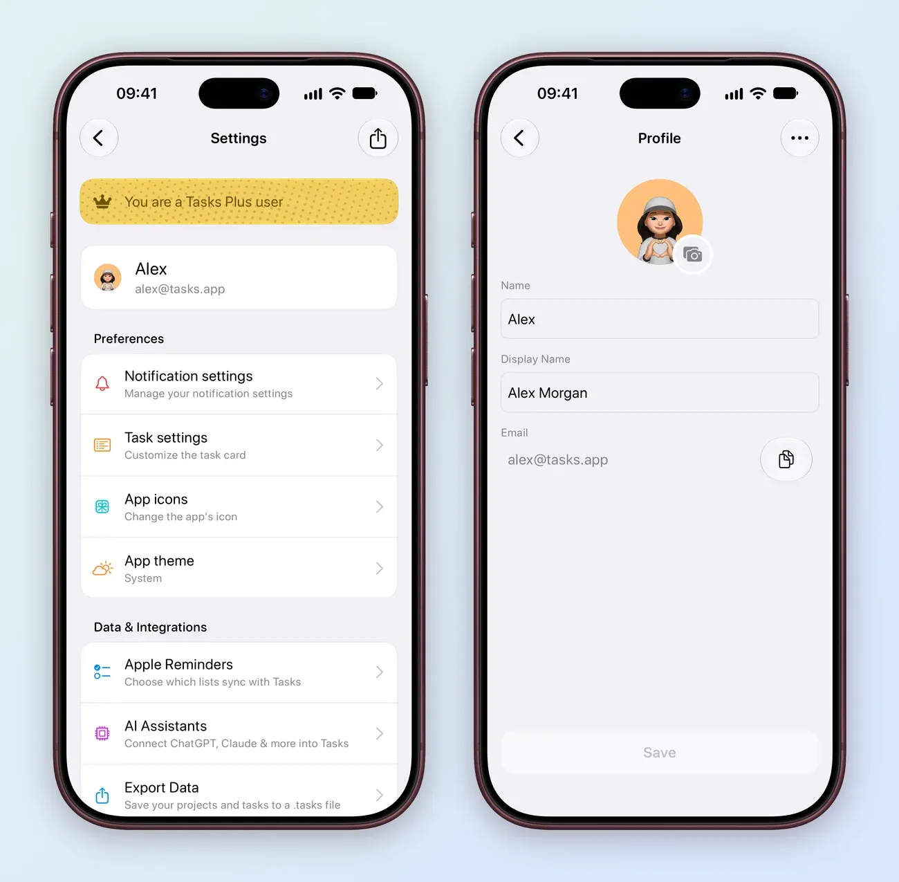 Two iPhone screens: Tasks Settings with the Tasks Plus banner and Alex signed in as alex@tasks.app at the top, above Preferences and Data and Integrations; and the Profile screen for Alex with Name Alex, Display Name Alex Morgan and the email alex@tasks.app with a copy button.