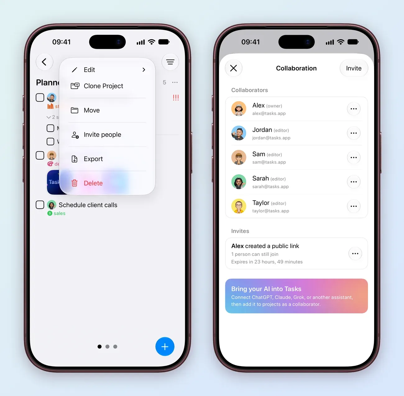 Two iPhone screens: the Work project menu with Edit, Clone Project, Move, Invite people, Export and Delete; and the Collaboration screen for Work on Tasks Cloud, listing Alex as owner and Jordan, Sam, Sarah and Taylor as editors, with a public link under Invites.