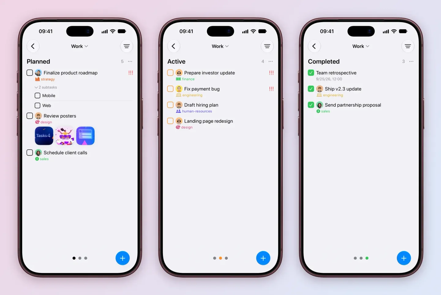 Three iPhone screens of the Work board: the Planned column with Finalize product roadmap and its Mobile and Web subtasks, Review posters and Schedule client calls; the Active column with Prepare investor update, Fix payment bug, Draft hiring plan and Landing page redesign; and the Completed column with Team retrospective, Ship v2.3 update and Send partnership proposal. The page dots at the bottom move from first to last.