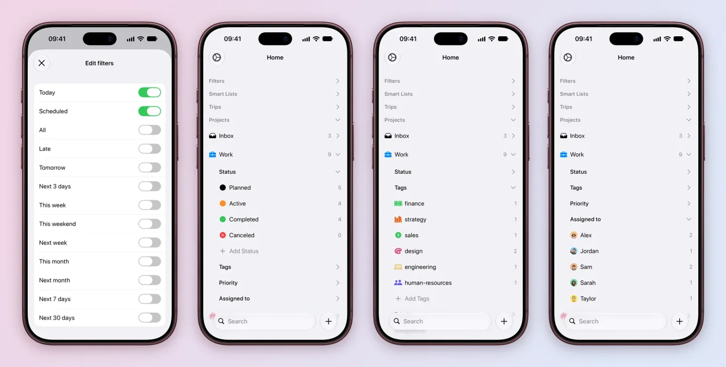 Four iPhone screens: Edit filters with Today and Scheduled switched on and All, Late, Tomorrow, Next 3 days, This week, This weekend, Next week, This month, Next month, Next 7 days and Next 30 days off; the Home screen with Work expanded to its Status group, Planned 5, Active 4, Completed 4 and Canceled 0; Work's Tags group with finance, strategy, sales, engineering and human-resources at 1 and design at 2; and Work's Assigned to group with Alex 2, Jordan 1, Sam 2, Sarah 1 and Taylor 1.