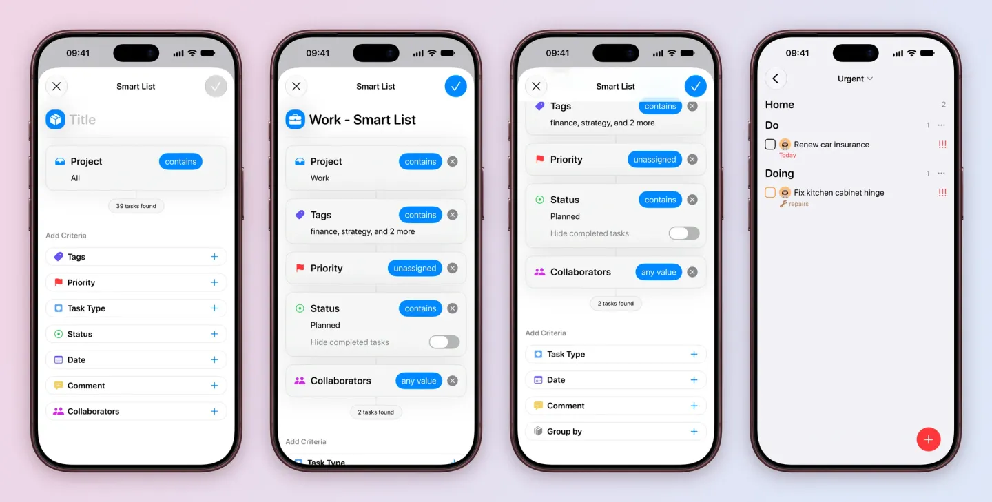 Four iPhone screens: a new Smart List with an empty Title, Project contains All, 39 tasks found, and Add Criteria for Tags, Priority, Task Type, Status, Date, Comment and Collaborators; Work - Smart List created from the filters, with Project contains Work, Tags contains finance, strategy, and 2 more, Priority unassigned, Status contains Planned with Hide completed tasks off, Collaborators any value, and 2 tasks found; the same list scrolled to Add Criteria with Task Type, Date, Comment and Group by; and the saved Urgent list with Renew car insurance under Home, Do and Fix kitchen cabinet hinge under Doing.
