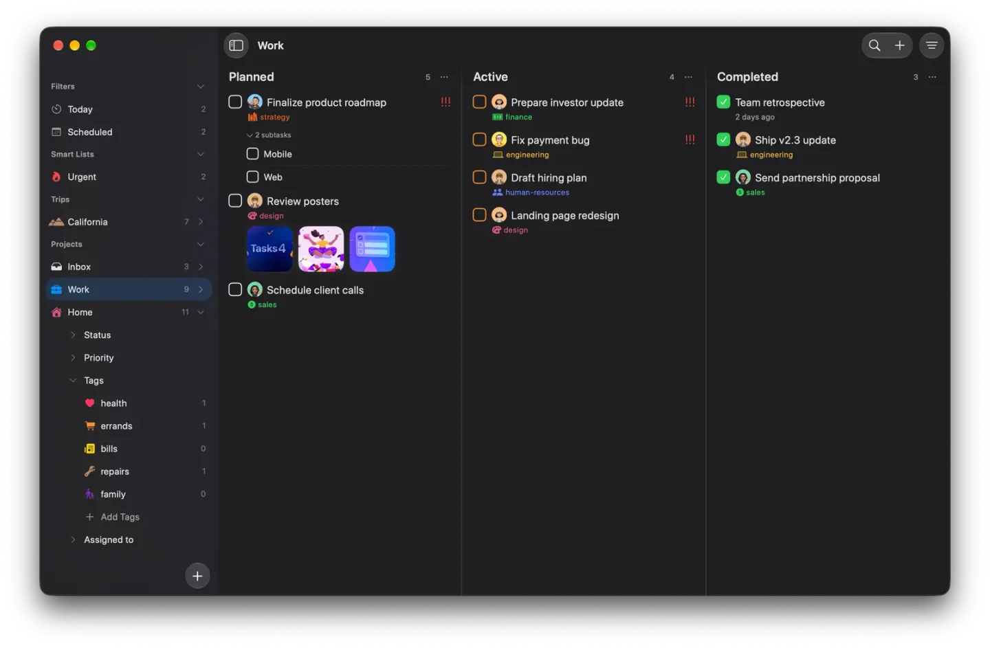 The Work board on Mac with Planned, Active and Completed columns side by side, the sidebar listing Filters, Smart Lists, Trips and Projects, and the search, add and filter buttons at the top right.