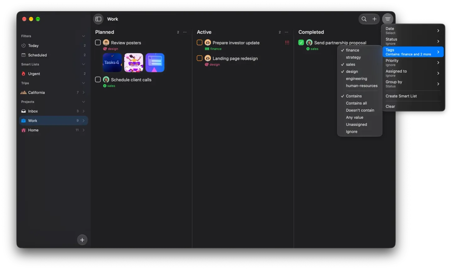 The Work board on Mac filtered by tags, with the filter menu open and its Tags submenu showing finance, sales and design checked, Contains checked, and Contains all, Doesn't contain, Any value, Unassigned and Ignore below. The board shows Review posters, Schedule client calls, Prepare investor update, Landing page redesign and Send partnership proposal.