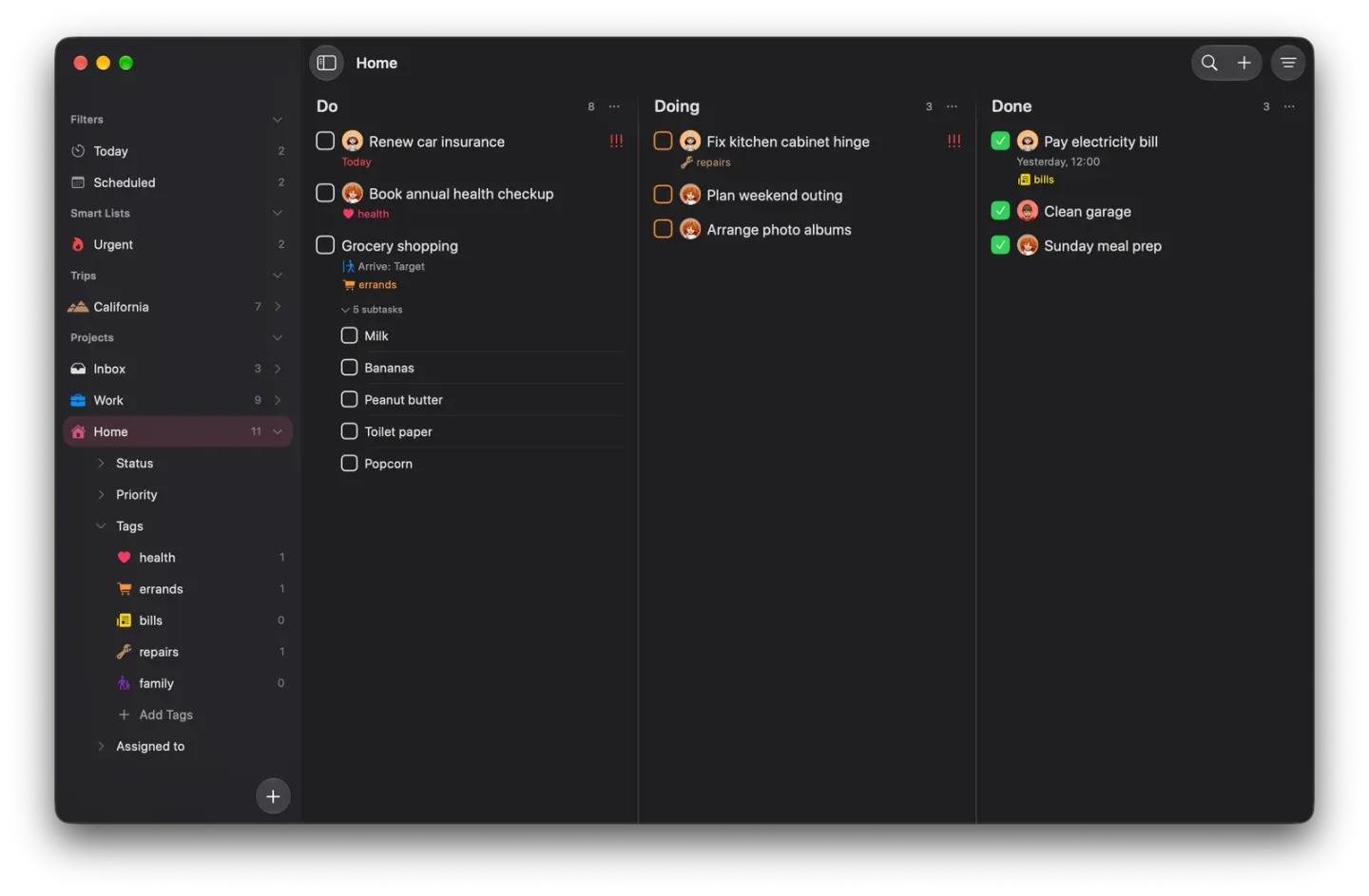 The Home board on Mac with Do, Doing and Done columns, and the sidebar showing Home expanded to Status, Priority, Tags and Assigned to, with Tags open: health 1, errands 1, bills 0, repairs 1 and family 0.