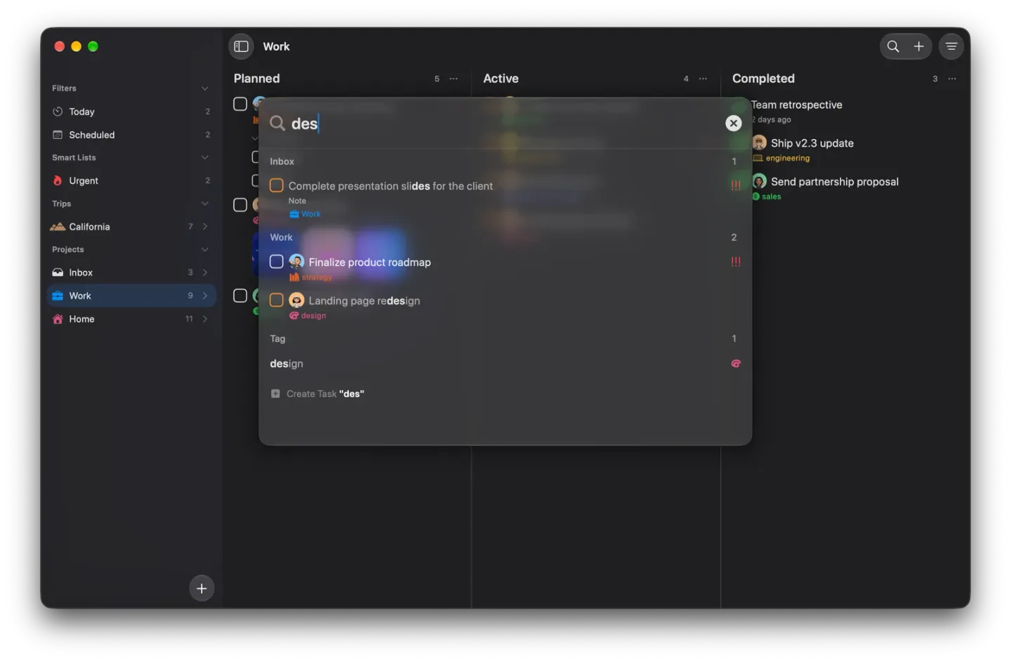 The Mac search window over the Work board with des typed in, showing Complete presentation slides for the client under Inbox with a Note label, Finalize product roadmap and Landing page redesign under Work, the design tag under Tag, and Create Task "des".