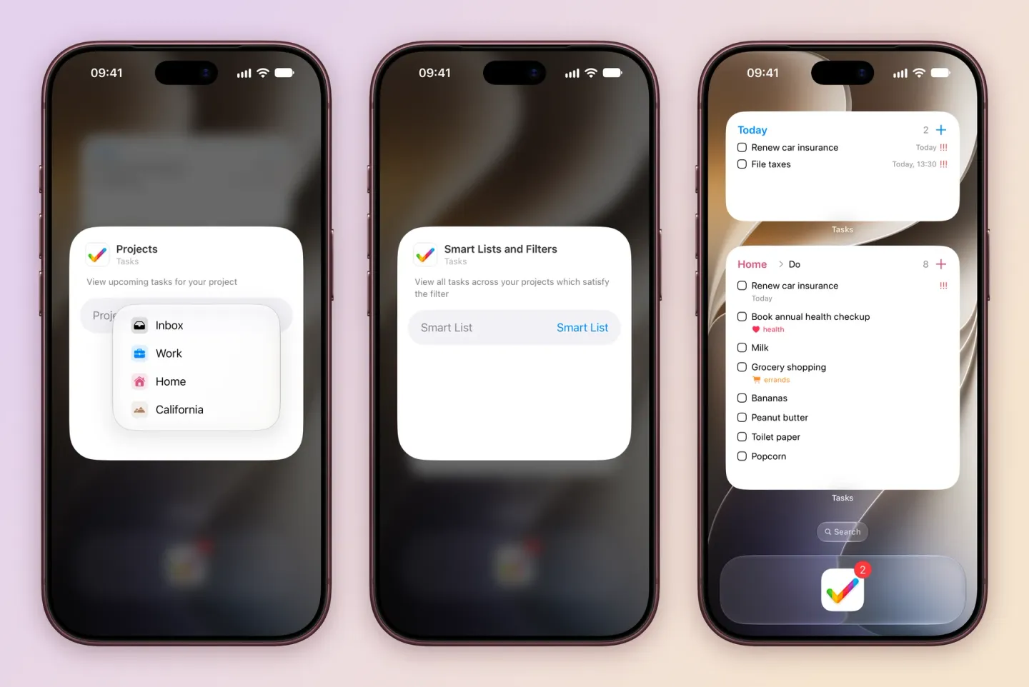 Three iPhone screens: the Edit Widget card for Projects, View upcoming tasks for your project, with the project list open on Inbox, Work, Home and California; the Edit Widget card for Smart Lists and Filters with its Smart List setting; and a Home Screen with a Today widget showing Renew car insurance and File taxes, and a large Home widget on the Do column with 8 tasks, from Renew car insurance and Book annual health checkup to Grocery shopping and Popcorn.