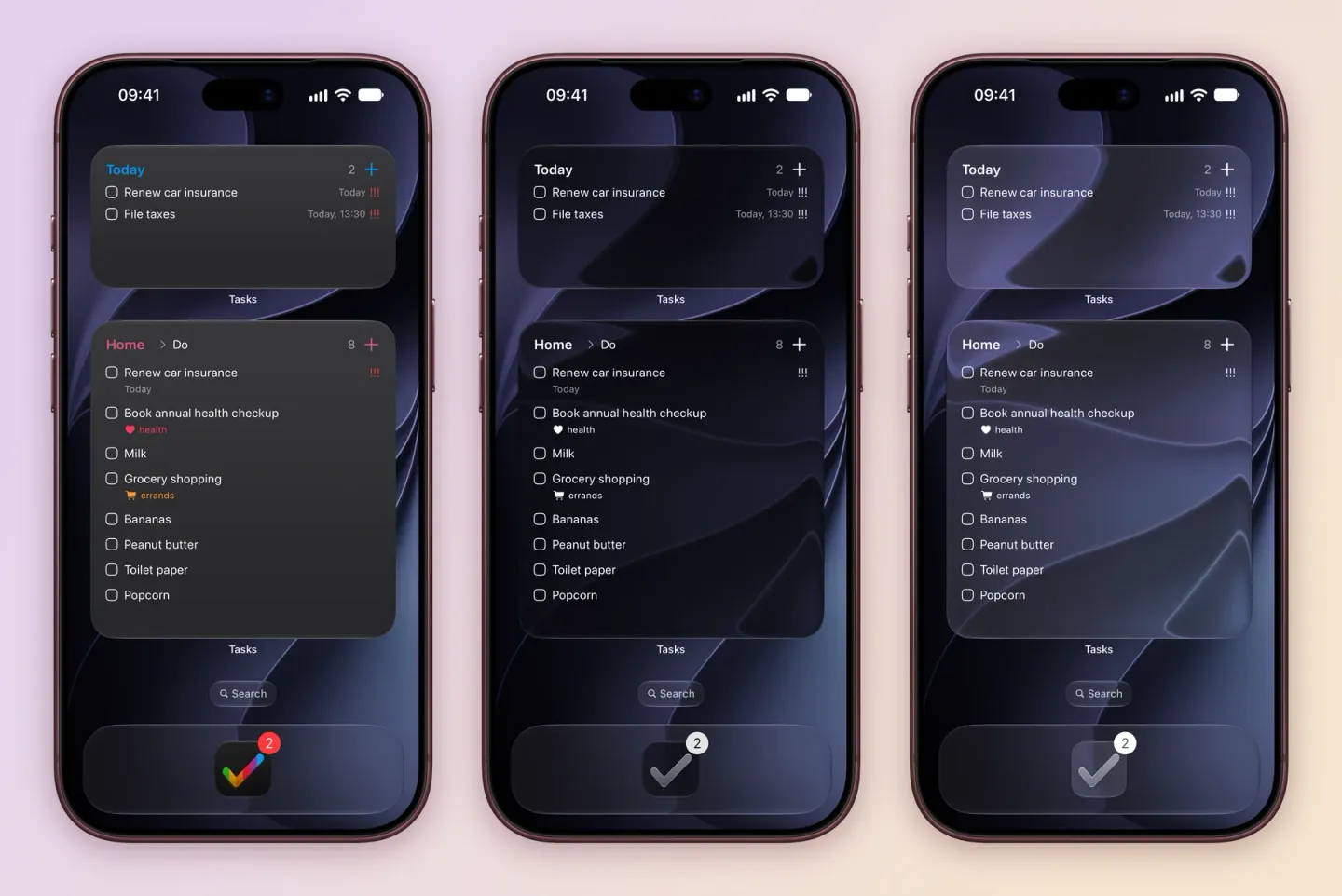 Three iPhone screens showing the same Today and Home widgets in the dark, tinted and clear Home Screen styles, each listing Renew car insurance, File taxes, Book annual health checkup with the health tag and Grocery shopping with the errands tag.