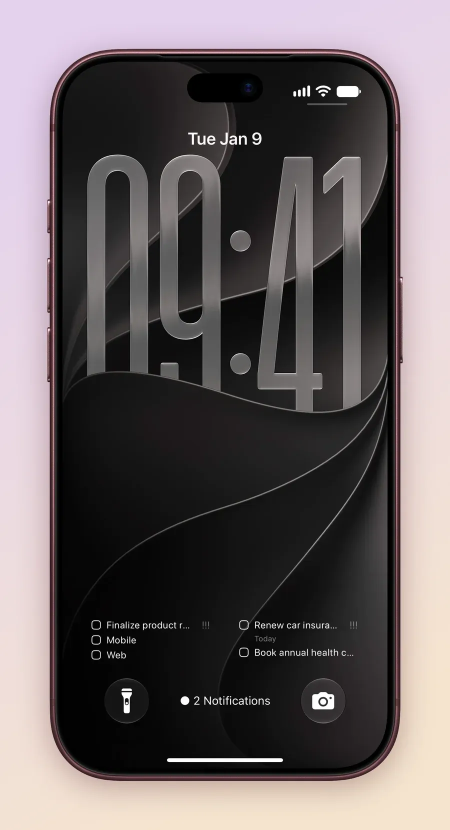 An iPhone Lock Screen at 09:41 on Tue Jan 9 with two rectangular Tasks widgets: Finalize product roadmap with its Mobile and Web subtasks, and Renew car insurance due Today with Book annual health checkup.