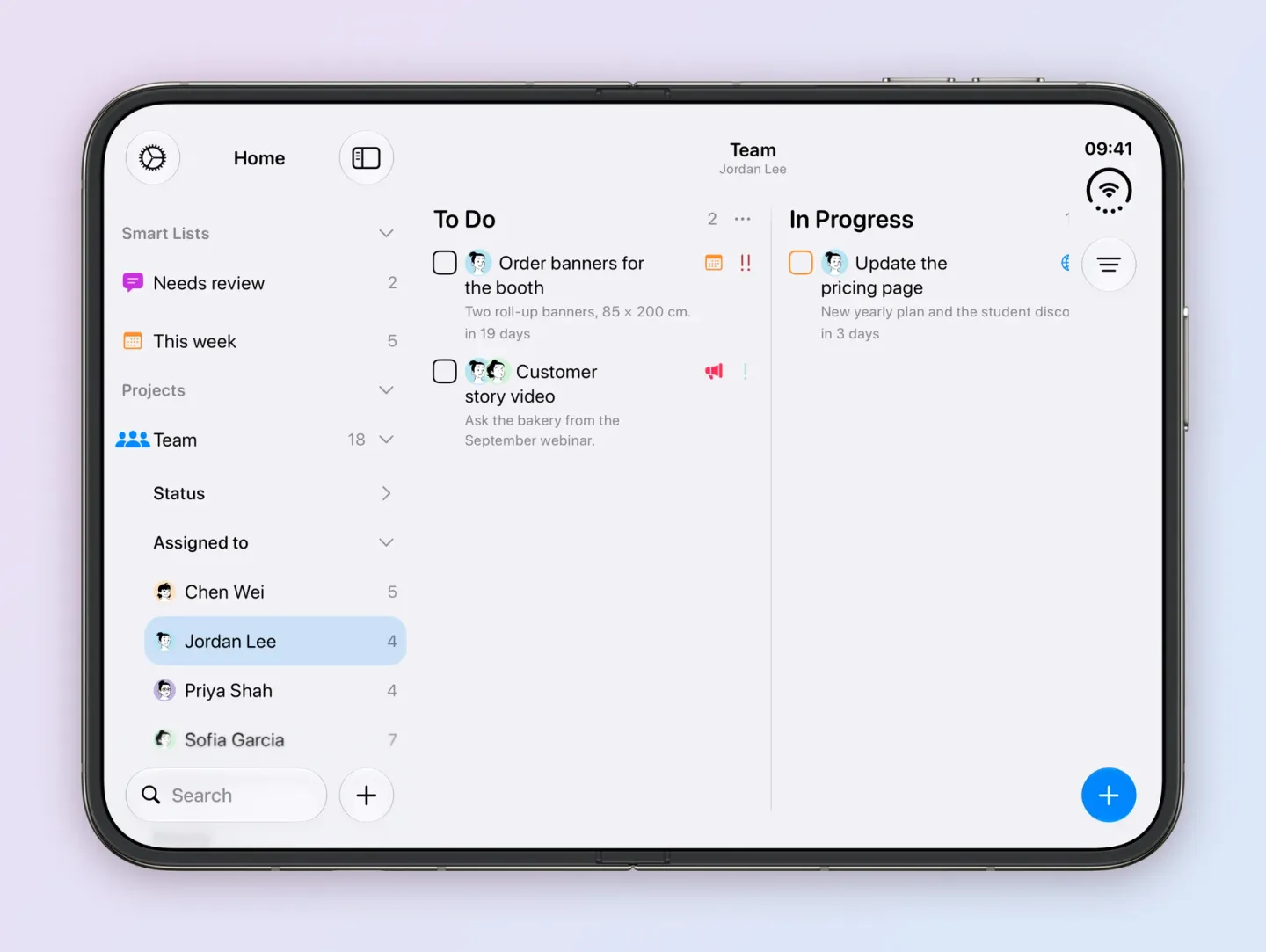 The Team board on an unfolded iPhone Duo filtered to Jordan Lee, selected under Assigned to in the sidebar with 4 tasks. To Do holds Order banners for the booth in 19 days and Customer story video, shared with Sofia, and In Progress holds Update the pricing page in 3 days.