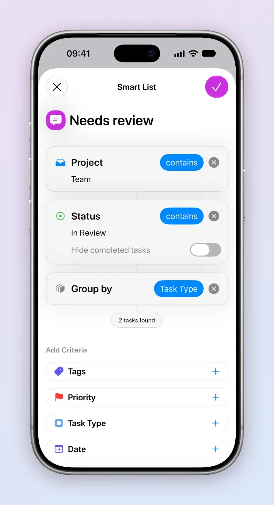 The Smart List editor for Needs review on iPhone: Project contains Team, Status contains In Review, and Group by Task Type, with 2 tasks found.