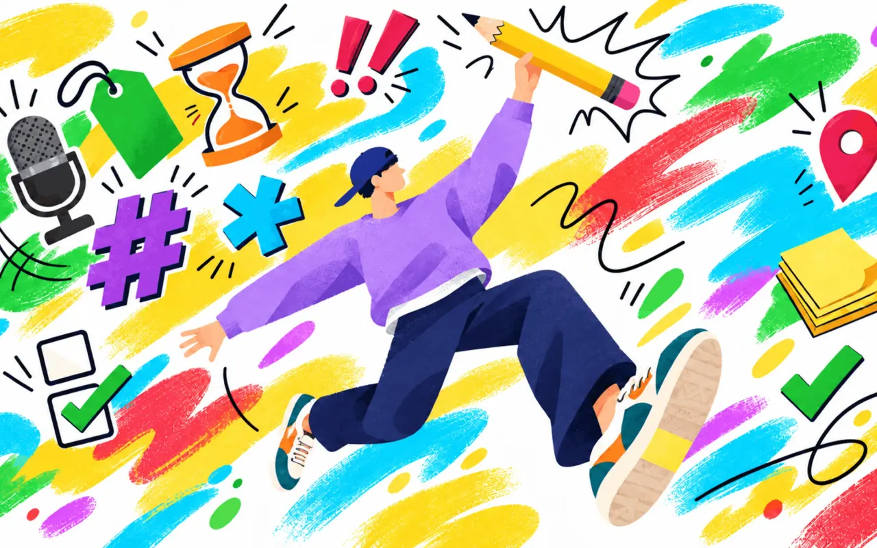 An illustration of a person leaping across bright paint strokes with a giant pencil in hand, surrounded by a microphone, a tag, an hourglass, exclamation marks, a hash, an asterisk, a location pin, sticky notes and ticked checkboxes.