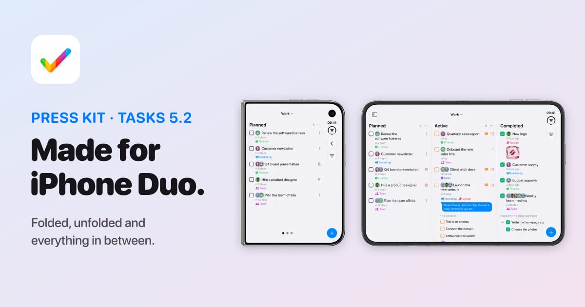 Tasks 5.2 press kit: made for iPhone Duo, with a folded and an unfolded Duo showing the Work board